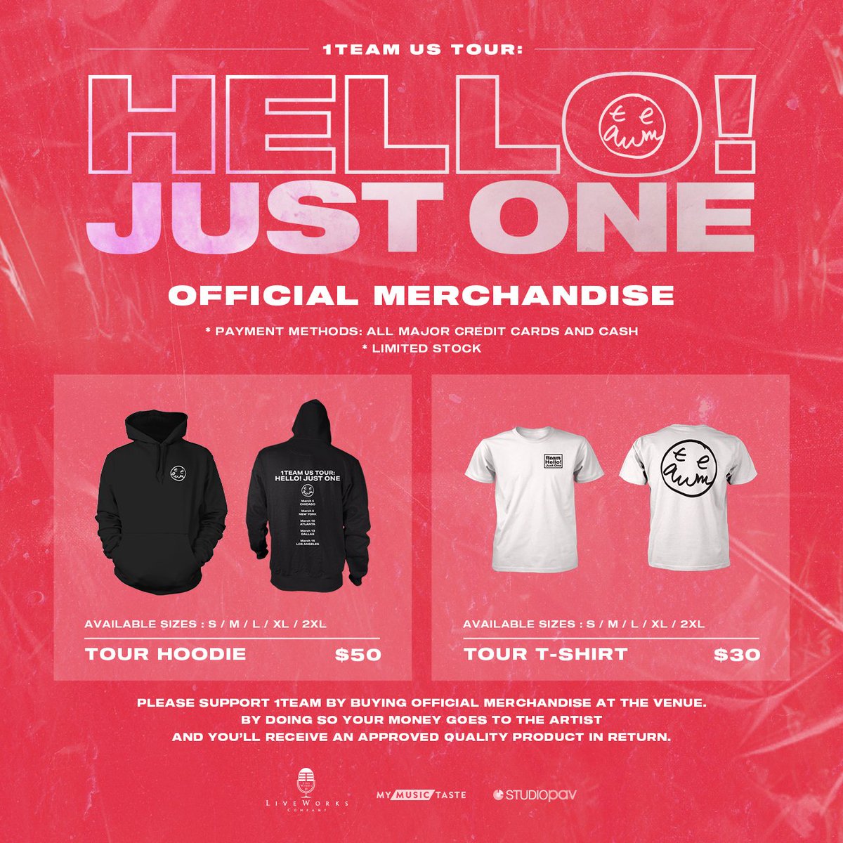 _mymusictaste's tweet photo. Hey, #TeamOne! π€©
Didn't manage to get merch on tour? Well, here's the great chance just for YOU! π
1TEAM US TOUR: Hello! Just One Official MD is now available online
π https://t.co/52GkO6Rits
Get yours before itβs too late! π
#HelloJustOne #1TEAM #MyMusicTaste #StudioPav https://t.co/ligR0XODss