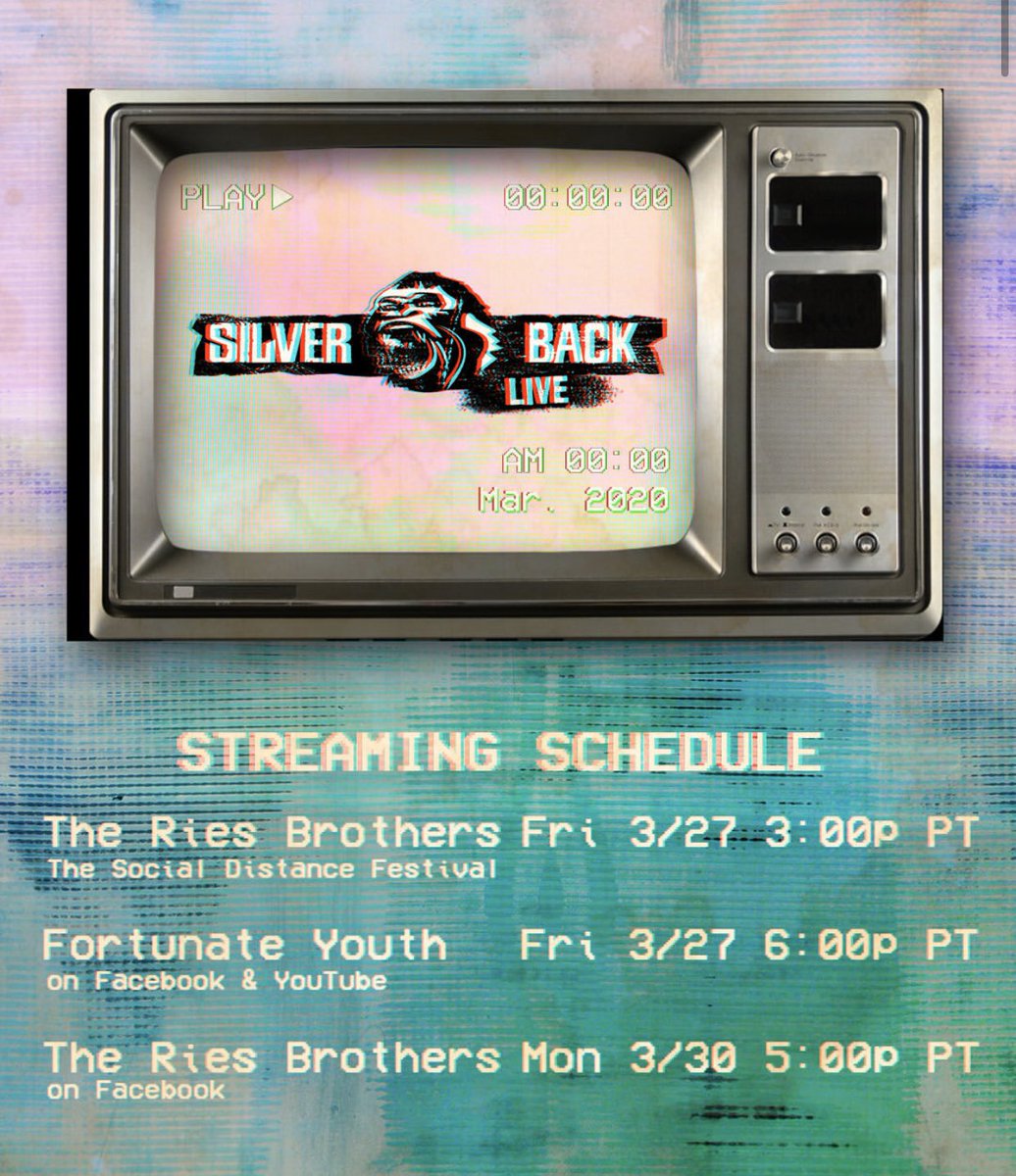 SilverbackMusic's tweet photo. 📺🦍 Silverback Live “Couch Tour” continues... upcoming showtimes 👇⠀
⠀
🎸 The @RiesBrothers 3/27 3pm PT &amp; Mon 3/30 5pm PT⠀
⠀
🎸 @FortunateYouth Fri 3/27 6pm PT⠀
⠀
#livestream #couchtour #riesbrothers #fortunateyouth #tgif #silverbacklive #silverbackmusic https://t.co/8rS1dYf4jf