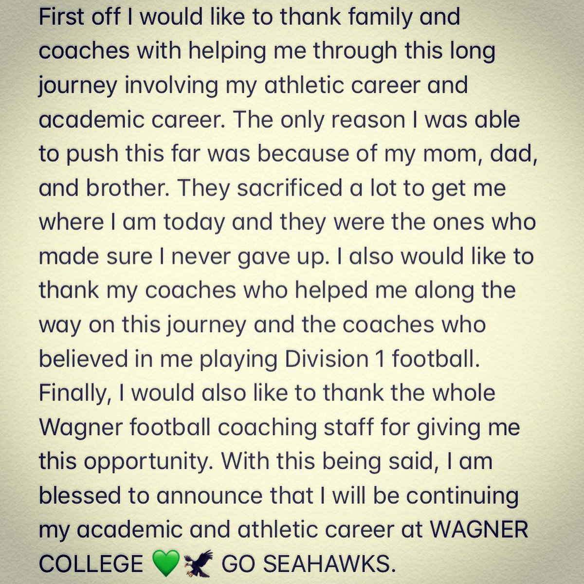 jordan_murrell6's tweet photo. I would like thank God for this opportunity, the whole Wagner coaching staff, and Xaverian football!!! @Coachnewguy1 @CoachCuzzo @tommasella @XHS_CLiPPz_DC @xhs_football https://t.co/Wu6RpJmlHr