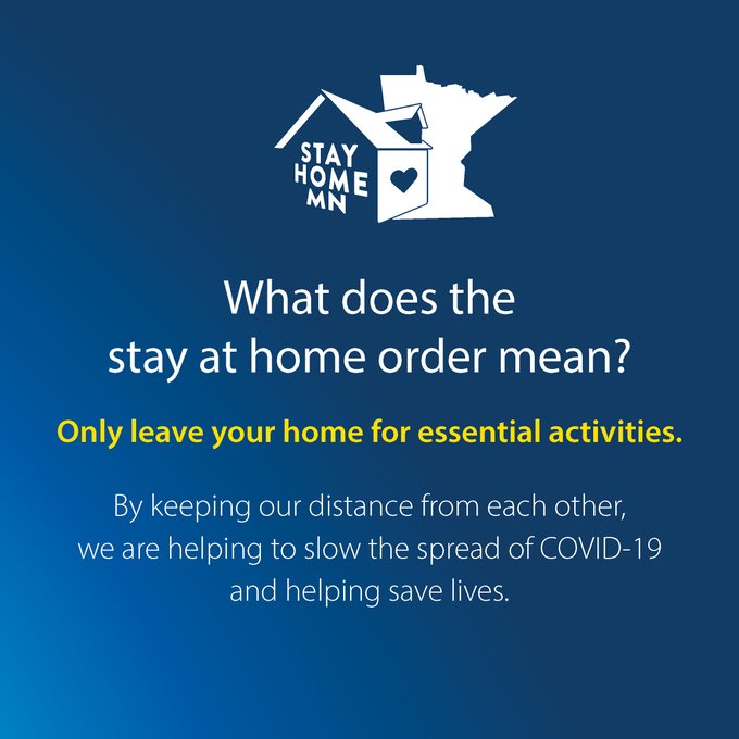 MapleGrovePD1's tweet photo. To contain the spread of the COVID-19, Governor Walz issued EO 20-20. Beginning 3/27/20 to 4/10/20 at 5:00 p.m. Minnesotans are ordered to stay at home except to engage in the Activities and Critical Sector work. https://t.co/pcsmJEztXT