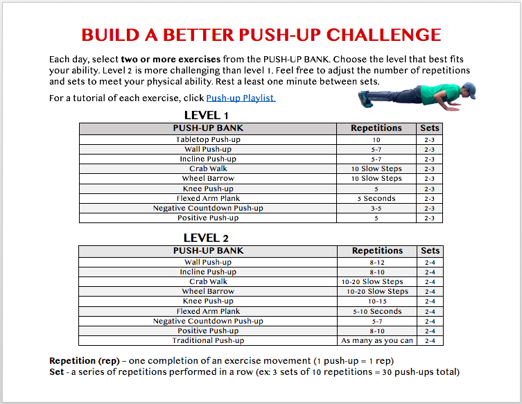 justybubPE's tweet photo. Come on, teachers! Take the 30-day push-up challenge along with your students! Here's your list of exercises and daily log to get started! Stay active-Stay fit! #physed strong! https://t.co/PhWOTome9i https://t.co/9E9717ZYHg