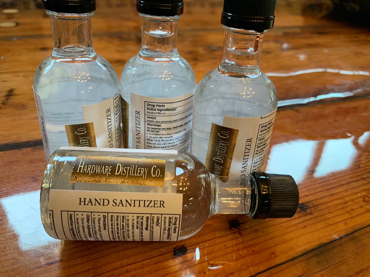 HDistillery's tweet photo. The 50ml bottles of hand sanitizer are just $2.00 each, or FREE with a purchase of 375ml bottle or more.  
If you bring your own container, the cost is 25 cents per ounce, and will be available tomorrow, Sat., March 28, starting at 3 pm. 
At this time, limit is 16 oz per person. https://t.co/SqaEeubhSb