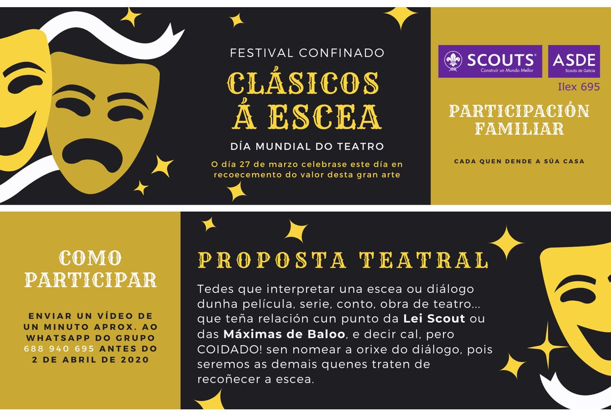 scoutilex's tweet photo. Hoxe é o Día Mundial do Teatro e queremos adicar a semana que ven a por en valor as artes escénicas cunha proposta para facer en familia #PlanScout #EuQuedoNaCasa ¡Animádevos a participar! #DiaMundialDelTeatro https://t.co/glc2bYoljk