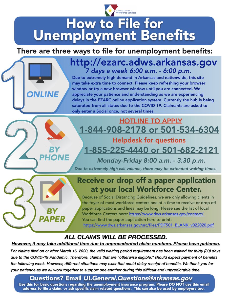 YOU CAN NOW FILE FOR UNEMPLOYMENT INSURANCE ONLINE 7 DAYS A WEEK.  Our telephone hotline will re-open on Monday at 8:00 a.m. We are working to process claims over the weekend and continuing to upgrade our system to help serve all Arkansans.
ezarc.adws.arkansas.gov
#CONVID19Ark