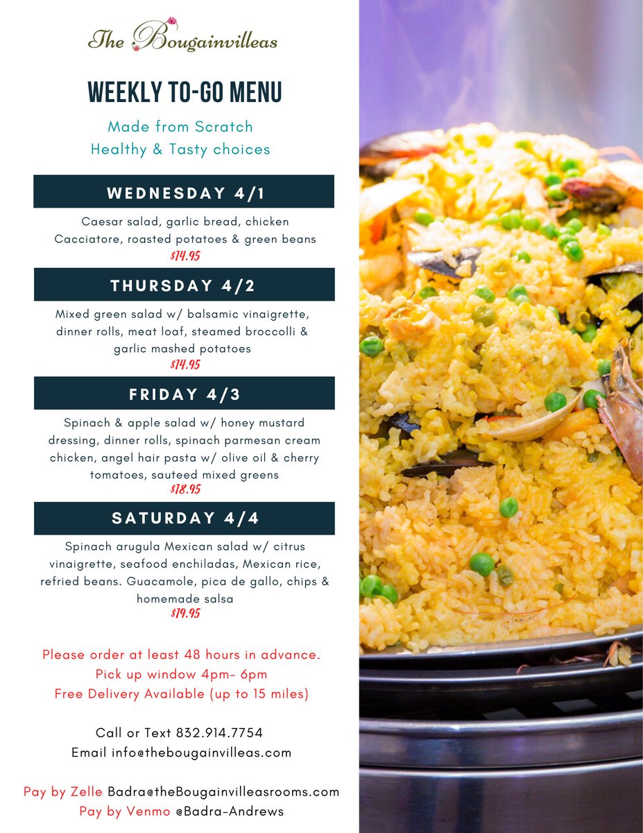 BougainvilleasR's tweet photo. Order today!
We love our employees &amp; won't let them go. By ordering a meal, u will be ensuring that our employees will be getting a paycheck ❤️

#TheBougainvilleasHouston #HomemadeMeals #ToGoMenu #WeeklyMenu #COVID19 #SlowTheSpreadTexas #HoustonStrong #SupportSmallBusinesses https://t.co/HwogUAYhTn