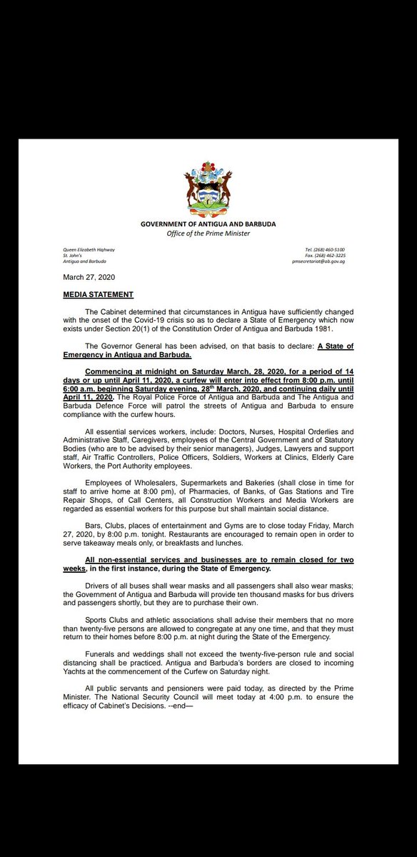 #FYI 

Press Release  regarding State of Emergency, curfew, essential and non essential services. Please take note...if we all comply it will help to mitigate against the spread. Continue washing your hands and the practicing of social distancing. 

Stay safe everyone...bless