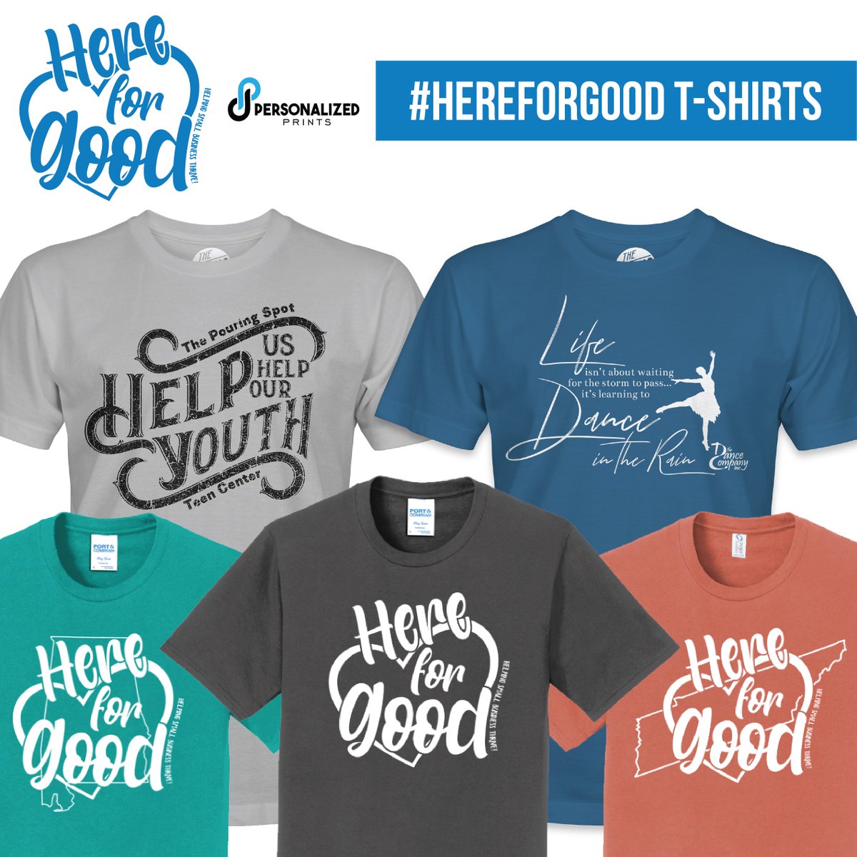 PersonalizedPr3's tweet photo. Thank you to everyone who has purchased a #HereForGood t-shirt! We're working to get more local small businesses added. Please help us spread the word! With one purchase, you help two small businesses and get a cool shirt too! https://t.co/s09idGd1eS https://t.co/PcdauU12Oi