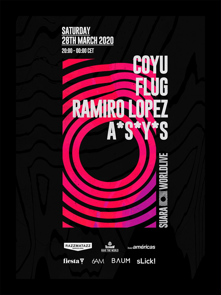 SUARA WORLDLIVE!

Saturday 28th of March from 20:00 - 00:00 CET.
Facebook stream with the Big Cat <a href="/coyumusic/">Coyu</a> , <a href="/flugofficial/">Flug (Official)</a> , <a href="/ramirolopez_/">Ramiro Lopez</a>  &amp; <a href="/ASYSOFFICIAL/">A*S*Y*S</a>  !!

Tune in on Suara Facebook fan page 🔥🔨

facebook.com/events/6076589…