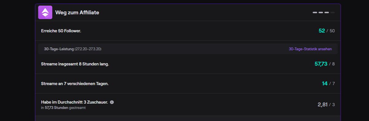 Der Weg zum Twitch Affiliate ist zum Greifen nahe. Ich hoffe wir knacken die statistische 3 am Montag im Stream. Ich freue mich auf euch und wünsche euch ein schönes Wochenende 💜 #twitchde #twitchaffiliate