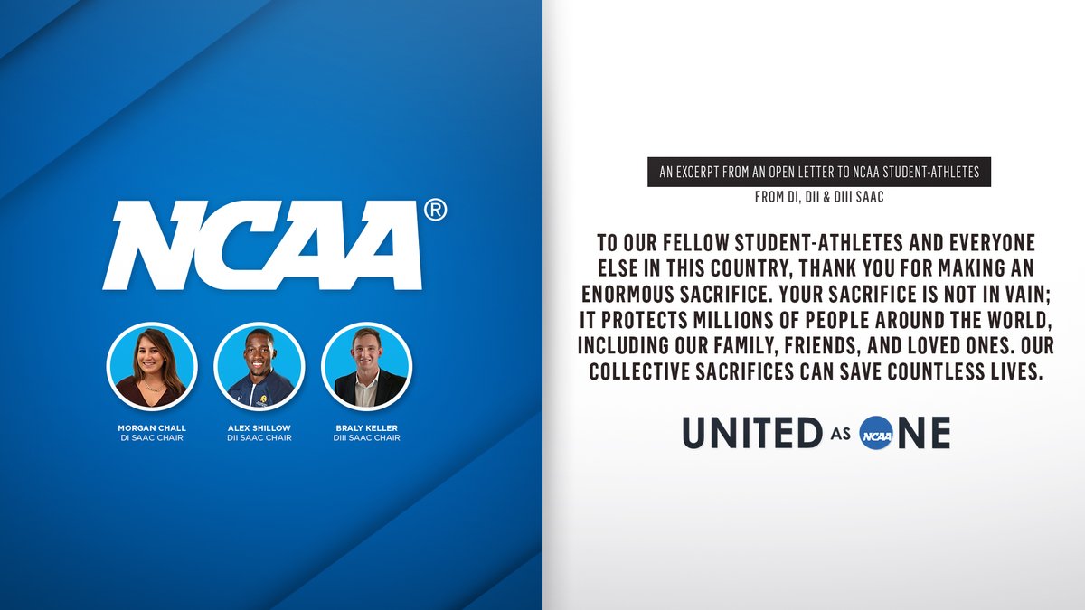 NCAA's tweet photo. An open letter to NCAA student-athletes from members of DI, DII and DIII SAAC: https://t.co/40ZNH7vtcM

#UnitedAsOne https://t.co/8Sv5BNj4BW