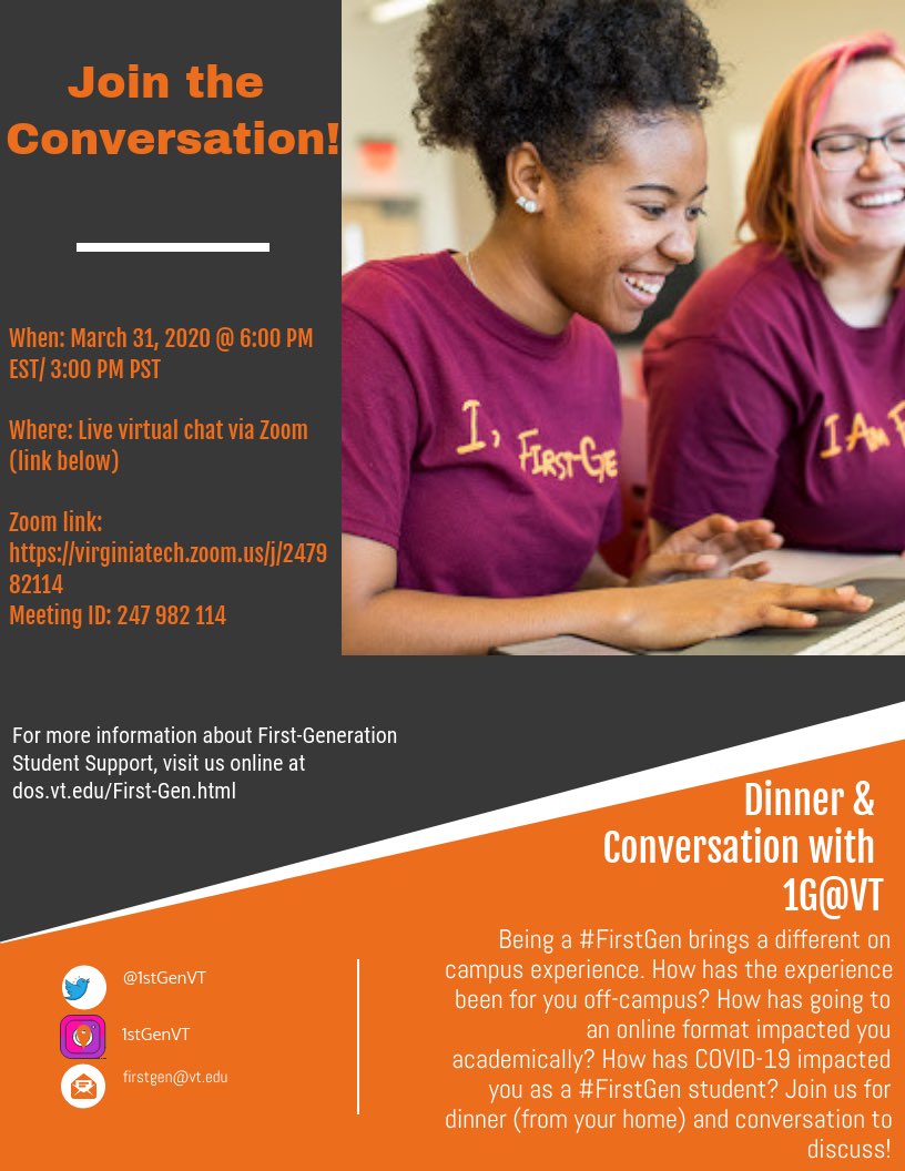 1stVt's tweet photo. Join Us for Dinner &amp; Conversation with 1G@VT via Zoom. All are welcomed to attend. Look forward to from everyone! Link will be posted below! 

https://t.co/3k9opZwtUY https://t.co/RamVlpLpdr