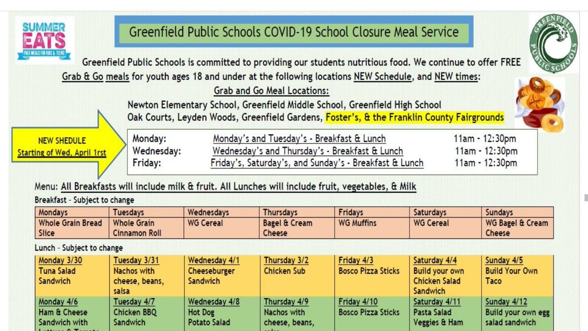 New! Adding meal service for Sat &amp; Sun (served on Fridays), and new sites at Foster's &amp; Franklin County Fair Ground!! We will be serving on fewer days to help assist with social distancing, but serving more meals each week! 
More info: gpsk12.org/gps-district-w…