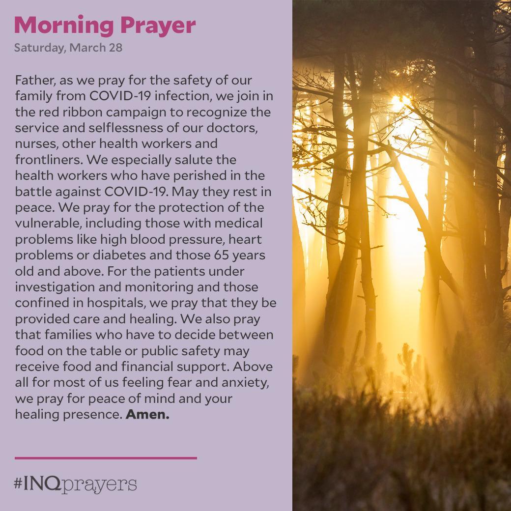 inquirerdotnet's tweet image. Today&apos;s Morning Prayer. #INQPrayers

Father,  as we pray for the safety of our family from COVID-19 infection, we join in the  red ribbon campaign  to recognize the service and selflessness of our doctors, nurses, other health workers and frontliners. Amen.