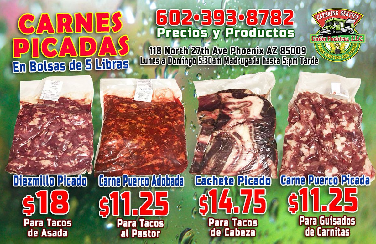 UnionPochteca's tweet photo. CARNES PICADAS Bolsitas 5 libras
ASADA•PASTOR•CACHETE•CARNITAS
118 N. 27th ave Phoenix AZ 85009
(27 th ave y Van Buren) •(602)393-8782
#UnionPochteca #FoodTrucks #StreetFood #ComissaryService #FoamDisposables #FreshProduce #FreshMeats #LocalBusiness https://t.co/aFYrdhgA23
