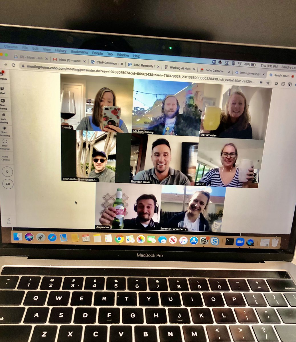 sandraklo's tweet photo. Virtually happy hour with the team yesterday. It was great to see everyone’s faces. No work talk, just talking about life, emotions and how we are each dealing with the ups and downs during this time. @zoho @ZohoRemotely #gozoho #coronavirus #remoteworking https://t.co/BwCO9tkhLm