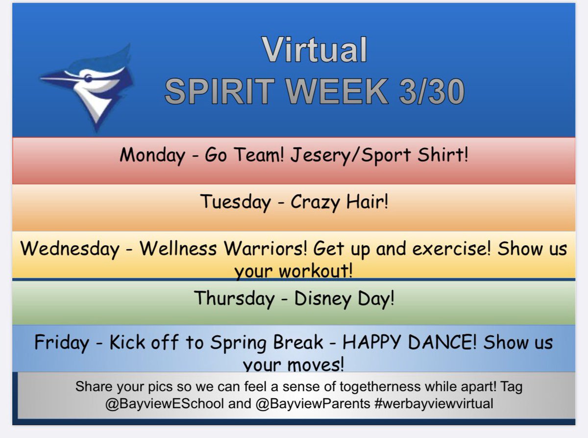 Week of 3/30!
Thank you for playing along this past week! One more week - then spring break! <a href="/BayviewESchool/">Bayview Elementary</a>