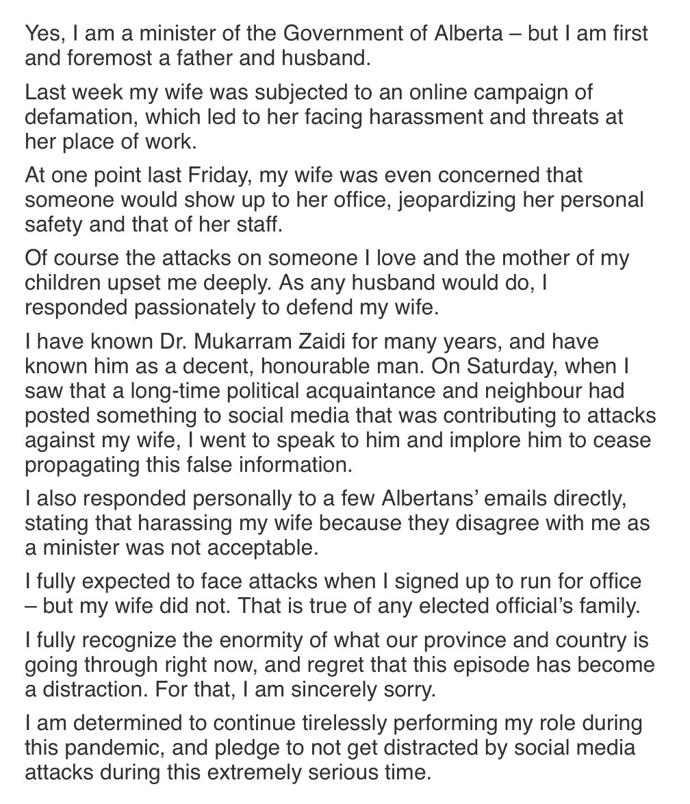 SammyHudes's tweet image. Statement from Health Minister Tyler Shandro:

"I fully recognize the enormity of what our province and country is going through right now, and regret that this episode has become a distraction. For that, I am sincerely sorry."

#ableg #abpoli