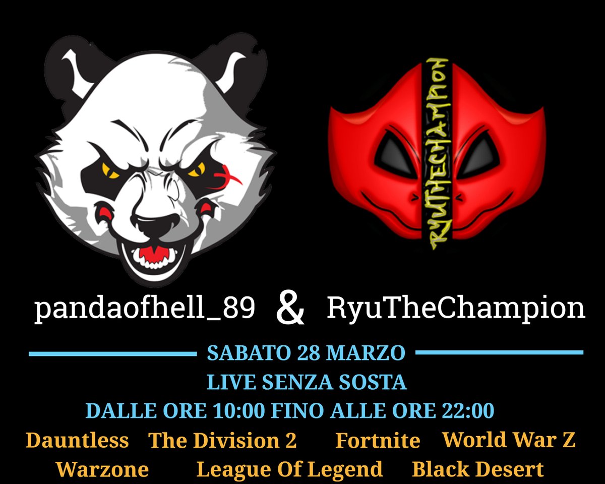 PandaOfHell1's tweet photo. #Livestream #twitch #twitchitalia #twitchstreamer #twitchstreamer #pandaofhell #RyuTheChampion #12ore #livesenzasosta #iorestoacasa #gamer #streamer #Logo #LeagueOfLegends #Dauntless #warzone #TheDivision2 #Fortnite #BlackDesertOnline #WORLDWARZ #sabato28marzo non mancate!!!! https://t.co/0MT4vuNhQS