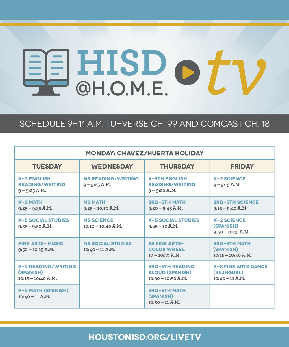 HoustonISD's tweet photo. HISD @ H.O.M.E. TV will feature lessons from teachers and teacher development specialists in several subject areas, including math, science, reading and writing, social studies, and fine arts. Check out the first week's schedule ⬇️ For more info, visit https://t.co/NPXsM8HWMl https://t.co/EAMgaktJOA