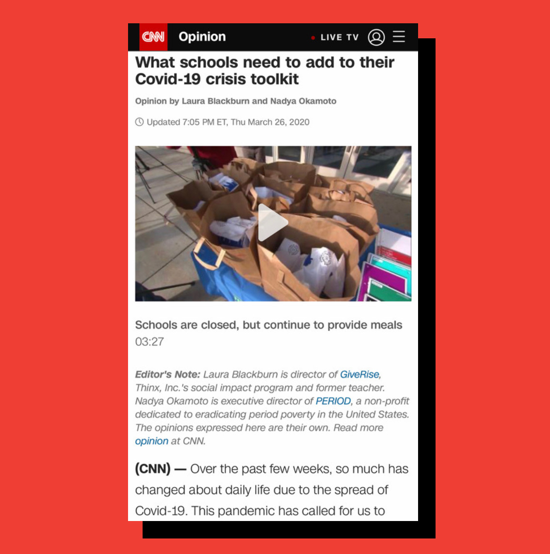 periodmovement's tweet photo. Today in #MenstrualNews 📰❗
Check out @nadyaokamoto and @ljeanblackburn 's CNN Opinion article on what schools need to add to their #COVID19 crisis toolkit🏫Link below📱
https://t.co/SxgirzCxvJ https://t.co/gjpjkbFM33
