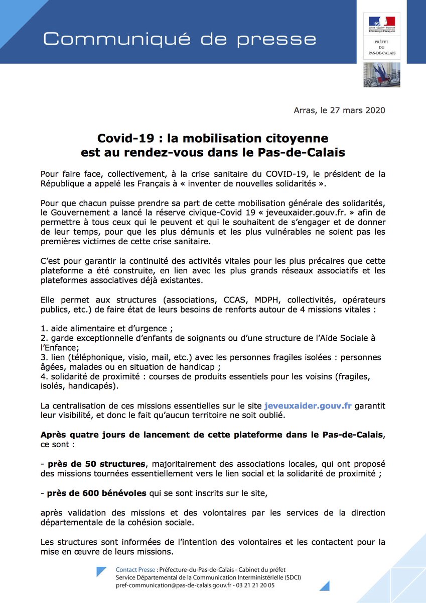 Prefet62's tweet photo. Face au #COVID19, le Gouvernement a lancé cette semaine la plateforme https://t.co/E1jkaCUIZY -réserve civique ouverte à tous. 
Dans le #PasDeCalais, nous dénombrons déjà: 
➡️50 structures proposant des missions tournées vers le lien social; 
➡��600 bénévoles inscrits. 

MERCI👏 https://t.co/uhYV8zOuwS