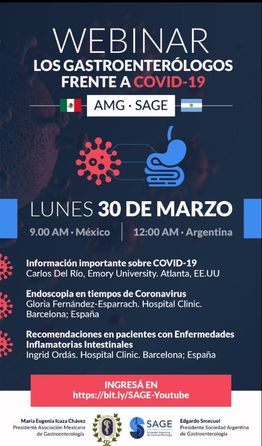 griensu's tweet photo. “Los gastroenterólogos frente a COVID-19, una transmisión LIVE en YouTube organizada en conjunto por la Sociedades Argentina y Mejicana de Gastro que se llevará a cabo el próximo lunes 30/3 - 12 am Argentina.Ingresa a https://t.co/mM9q4kpPyV https://t.co/LiiRbg1J7Q