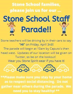 MsBrechin's tweet photo. Get ready @StoneSchool4 students.  We will be driving past your neighborhoods next Friday, April 3rd beginning at 10 A.M.  Remember to keep your social distance and wave from your yards or windows.  We can't wait to see you.  #ASD4RemoteLearning https://t.co/ThEdb9YLdd