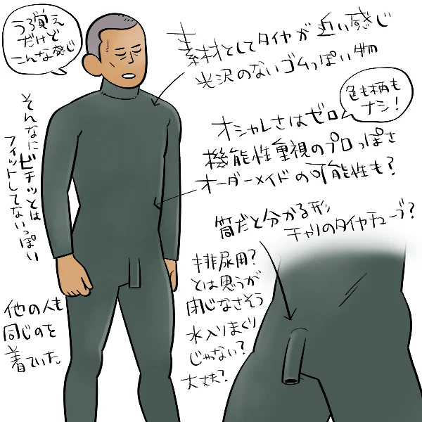 テレビ番組名も覚えてないし、そもそも数分見た程度だったので、どの地域の漁師さんなのかもよく分からないんだけど、「見た目的に少し面白い以外に意味あんの?」っていう強いインパクトだけが頭に残ってる。多分排尿用なんだとは思うけど構造的にそこから水ガンガン入って寒くない?って感じ。 