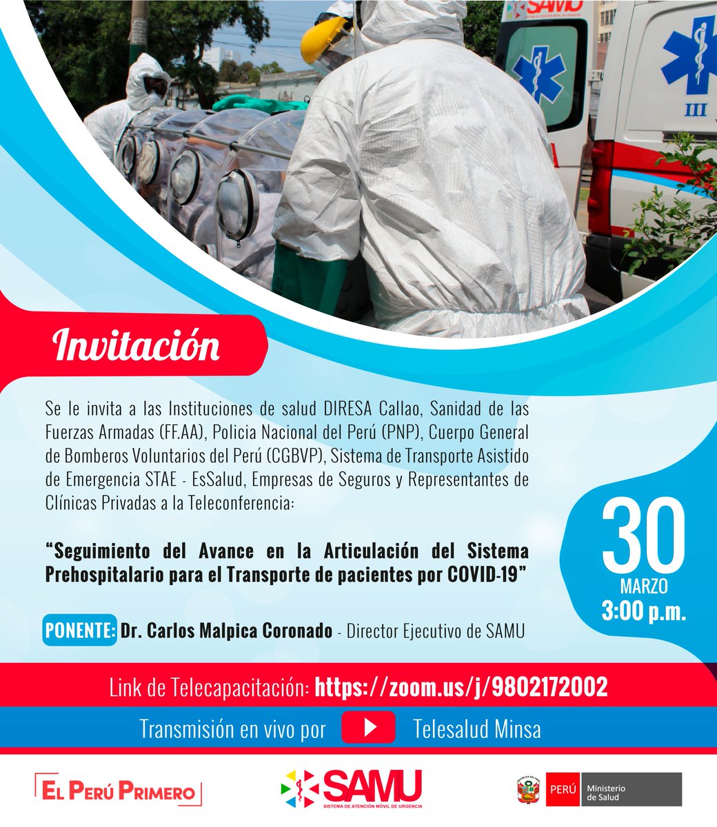 SamuPeruMinsa's tweet photo. AmbulanciaBandera de Perú #SAMUCAPACITA EN #COVID19

Participa de esta Teleconferencia de forma virtual desde el link.: https://t.co/KPkR69tdaZ https://t.co/KiEPBYTcjr