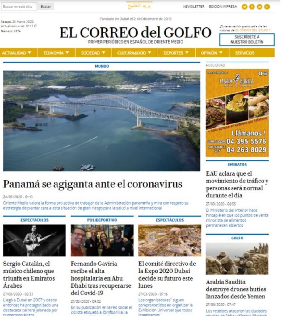 En Dubái se habla de Panama en la portada de este periódico cuyo tiraje es de 20 mil ejemplares diarios. Titular: Panamá y su lucha ante el coronavirus.