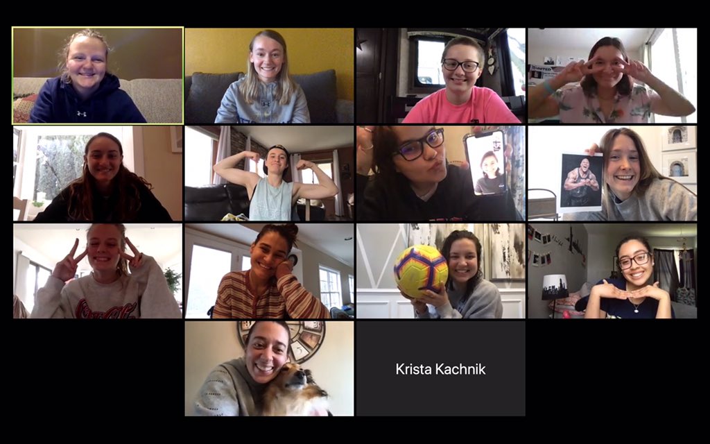 GallaudetBison's tweet photo. So good to see our #Gallaudet #GUBison student-athletes, even remotely, knowing they are home and safe. Shoutout to the #GallaudetU women’s soccer ⚽️ team on a recent @zoom_us call with Head Coach Dr. Liza Offreda. #InThisTogether #BisonStrong 💙💛🤟 https://t.co/4NuIW9uBLa