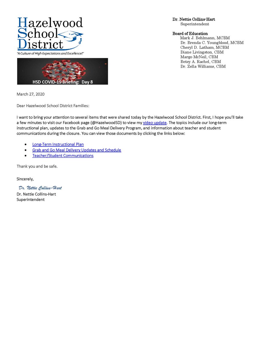 HazelwoodSD's tweet photo. Here is Dr. Collins-Hart's update for today. In it, you'll find links directing you to our long-term instructional plan, updates on the Grab and Go Meal Delivery program, and information about teacher and student communications during the school closure: https://t.co/7KEAZK1bwI https://t.co/N1gS2ulGCM