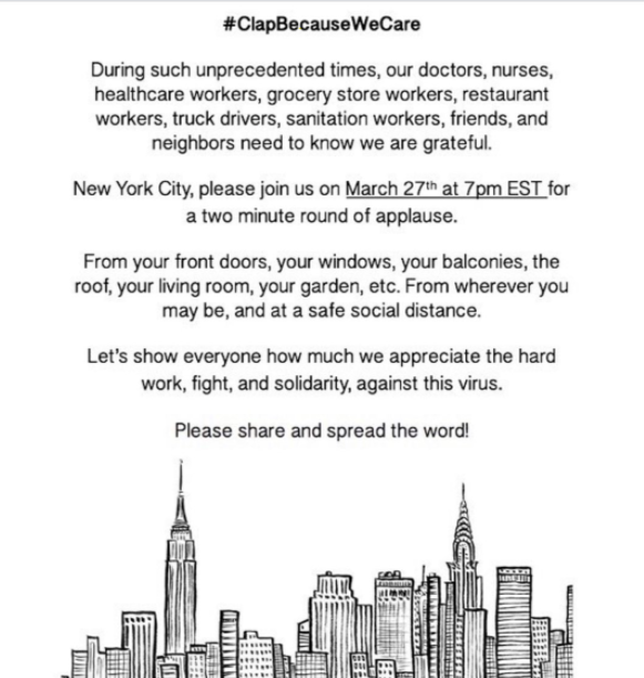 WubbaNub's tweet photo. New Yorkers are planning a citywide #ClapBecauseWeCare for all essential workers tonight at 7pm❤️! 

#Community #StaySafe #NYC https://t.co/MK9Yp2gDKG