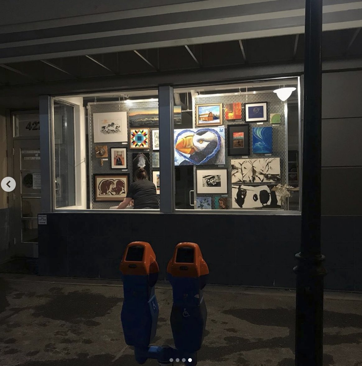 AnchorageMuseum's tweet photo. We love how our community is still finding ways to share art. The @igca_alaska's 2020 Members Exhibition of work by Alaska artists can now be seen from both windows and will rotate on a weekly basis. https://t.co/D0GuHplluv