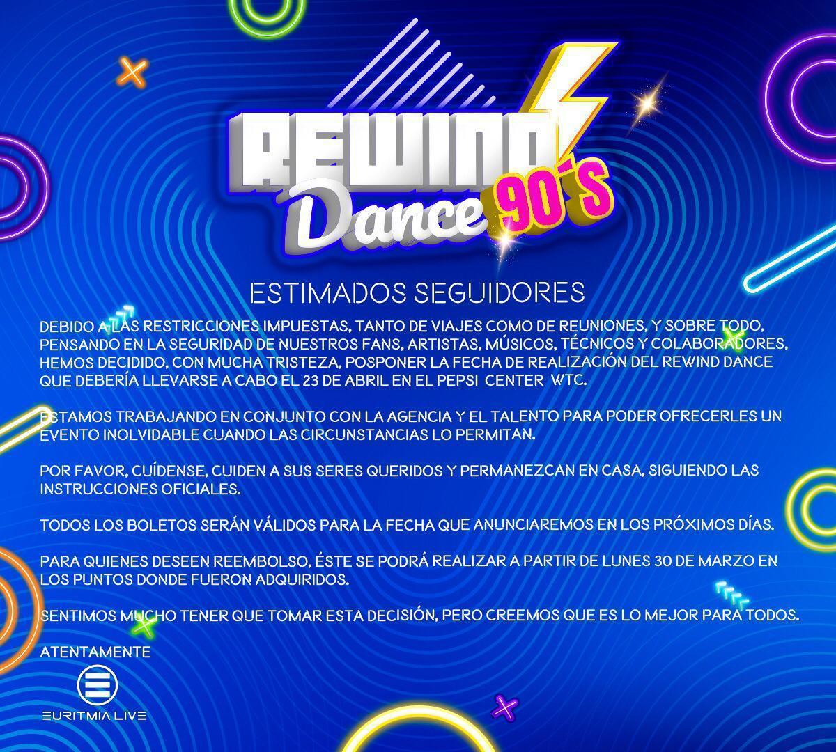 Euritmia_Live's tweet photo. AVISO IMPORTANTE SOBRE EL #REWINDDANCE:
.
#pepsicenterwtc #crystalwaters #technotronic #snap #CandCmusicFactory #claudioyarto
.
#coronavirus #Coronavirusmexico #ticketmastermx #cdmx #mexico #conciertosmx #mexico https://t.co/VDKjudFuZu