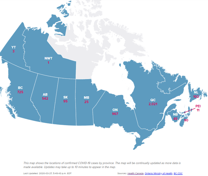 globalnews's tweet photo. This map shows the locations of confirmed COVID-19 cases by province as of March 27 at 5:49 p.m. ET.

These numbers will be updated as they are confirmed by Global News here:
https://t.co/kNPnEAPCCC https://t.co/qdvW6QqLTB