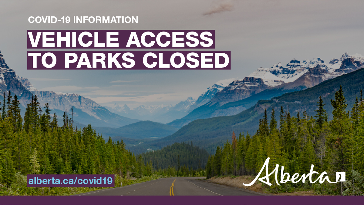Albertaparks's tweet photo. ⚠️ As of Friday, March 27 at 1 p.m., vehicle access to Alberta’s provincial parks and recreation areas is temporarily suspended at access points. We know this news is disappointing. #COVID19 is serious. Albertans should stay home. Thank you for your cooperation. https://t.co/juXTY9FKVd