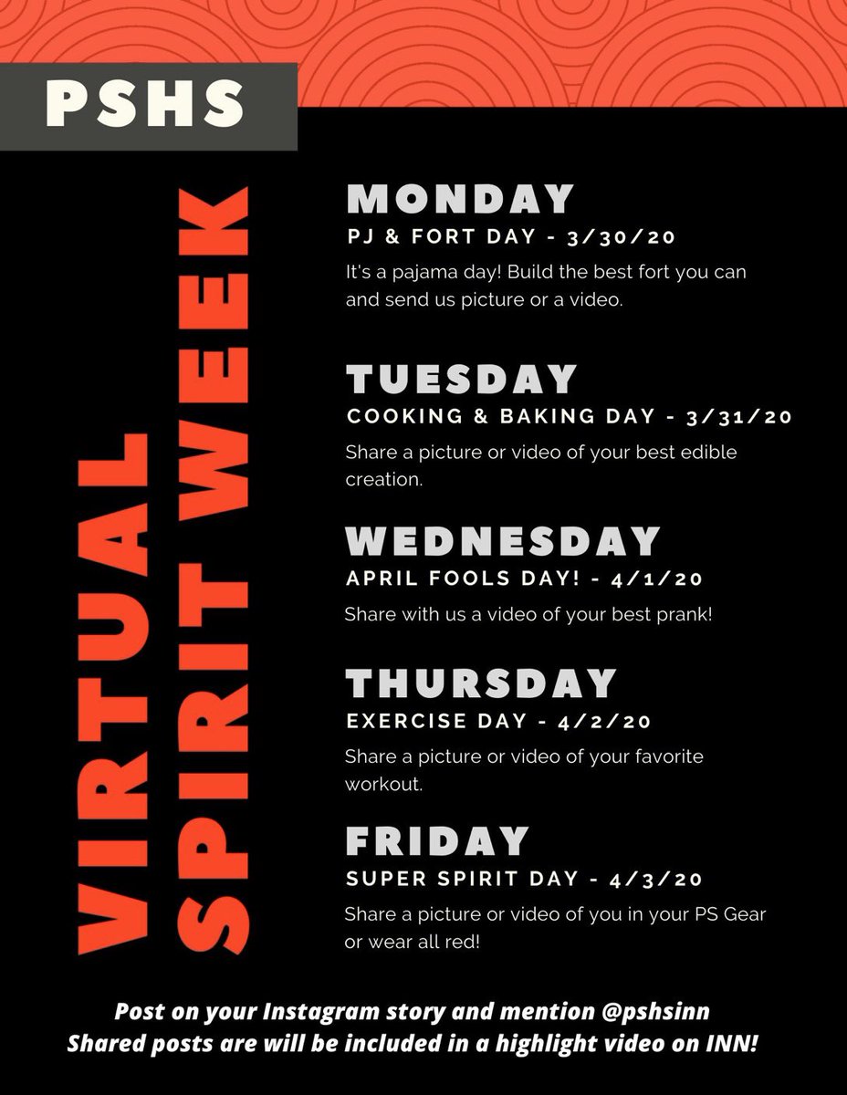 PSHSPALM's tweet photo. Happy Friday everyone! Here are the days for our virtual spirit week next week! Make sure to show your school spirit through Instagram😁 https://t.co/q7U0HprnGN