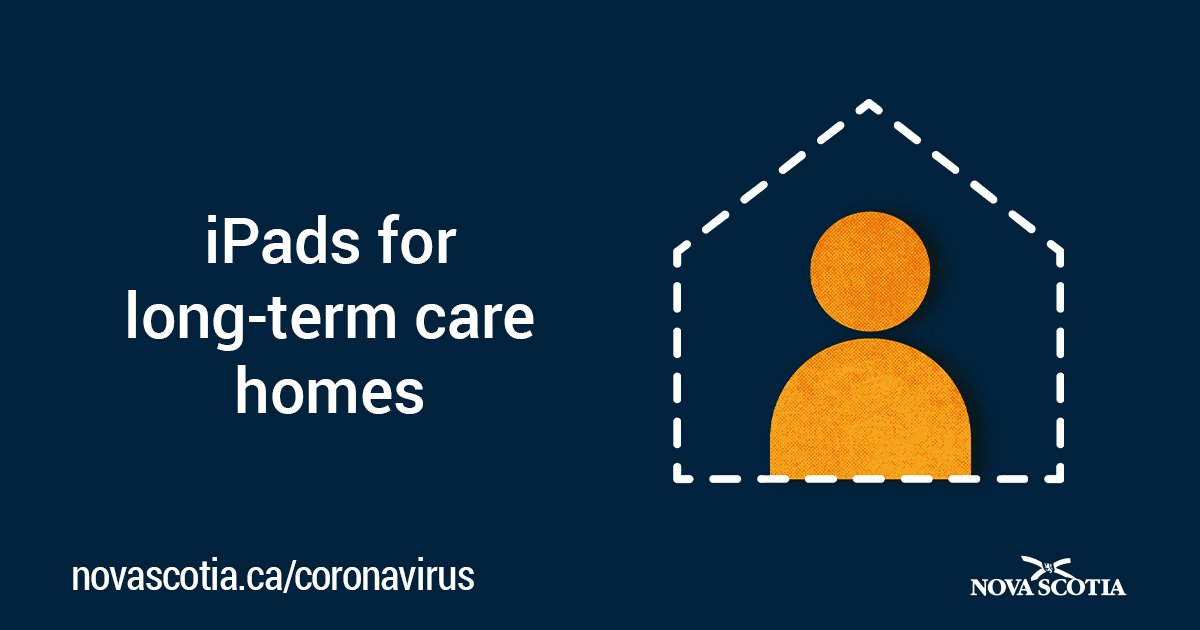 nshealth's tweet photo. Department of Health and Wellness will distribute up to 800 iPads across the province to long-term care homes so residents can connect with family and friends; the tablets will begin arriving at facilities in April. #COVID19NS https://t.co/3tudHHpCQ5