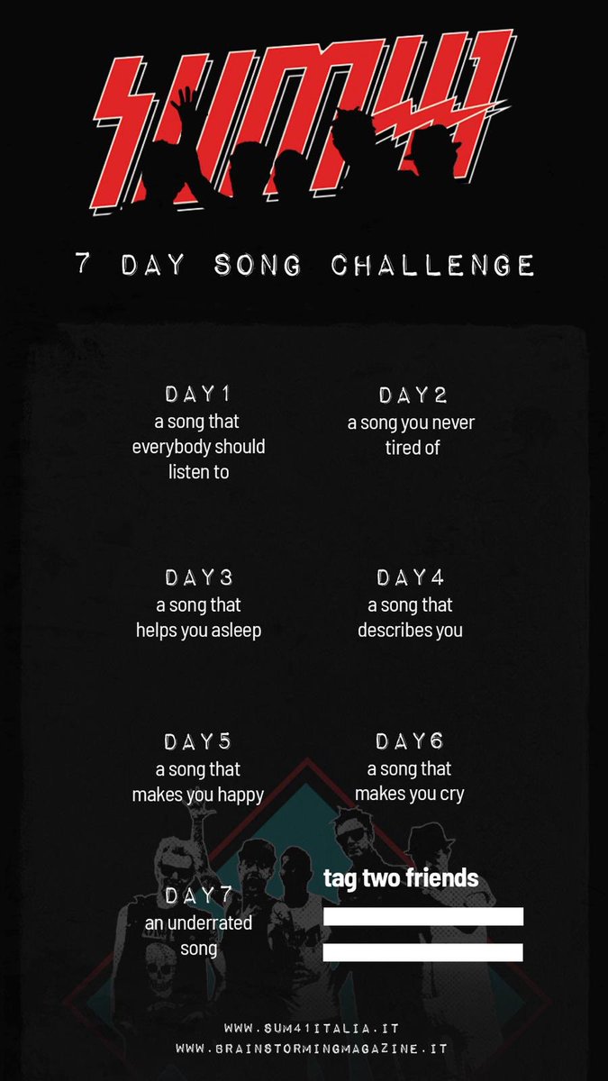 Combattiamo questo periodo di isolamento, tutti insieme abbattendo la noia giornaliera! 

Su Instagram abbiamo lanciato la #sum41challenge , insieme a Brainstorming Magazine! 
💪🏻 

RestateACasa! 
#andràtuttobene 

#sum41 #sum41family <a href="/Sum41/">Sum 41</a>