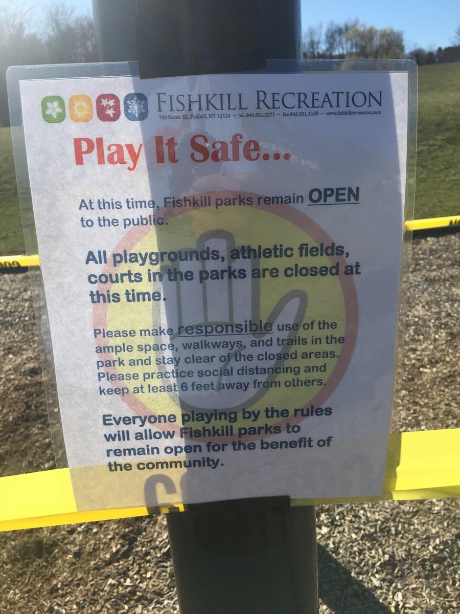 FishkillTownNY's tweet photo. Supervisor Ozzy Albra wants Fishkill residents to know that all playgrounds, courts and athletic fields in Town parks are closed to prevent the spread of COVID-19. Town parks remain open, and Sup. Albra wants to remind Fishkill residents to observe social distancing guidelines. https://t.co/zoPS63xIbw