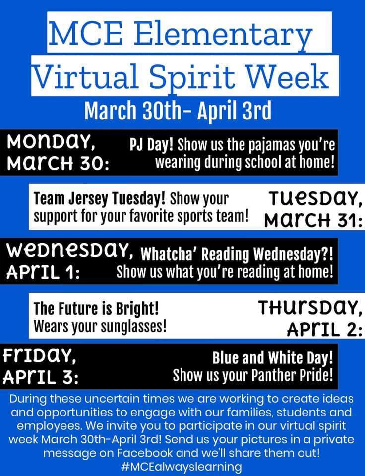 PanthersMce's tweet photo. MCE Elementary will be celebrating a Virtual Spirit Week March 30-April 3. Join in for FUN! #MCEalwayslearning https://t.co/oHz2fWQHT7