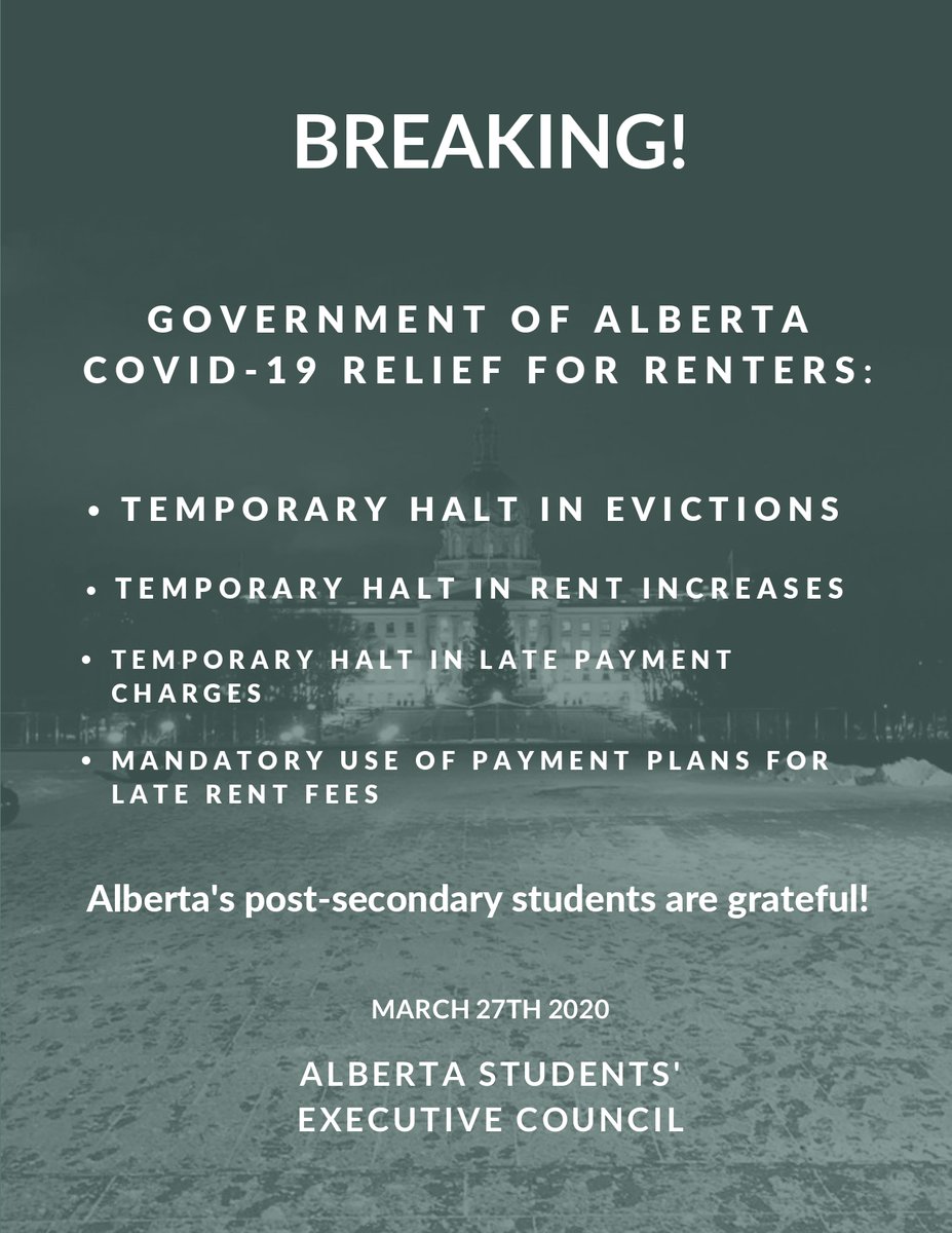 AlbertaStudents's tweet photo. BREAKING

Relief for Renters just announced by Government of Alberta!

#abpoli #abpse #AbLeg https://t.co/mCRjg7Pxtw