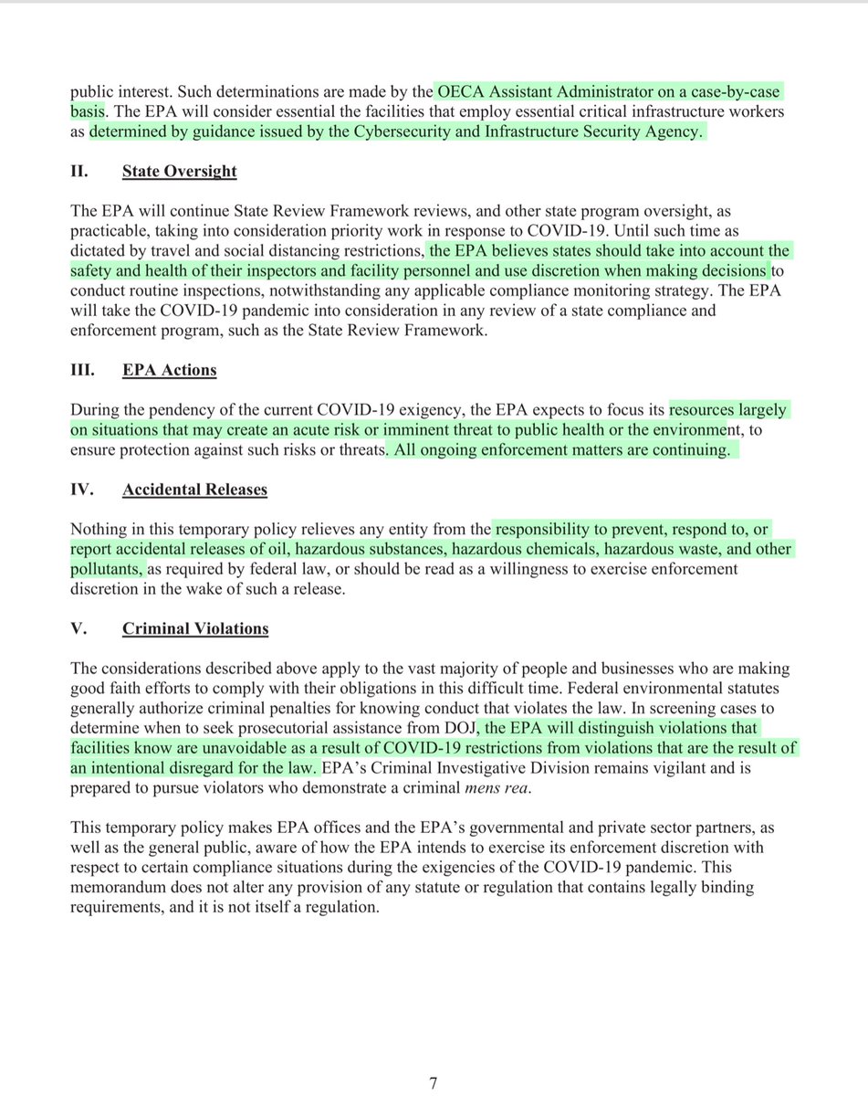 I’ve been in DC for 3 decadesI’ve seen some crazy shit, but THIS? This is unbelievably irresponsible, it’s like a blanket;hey if your spill or contaminate the water supply the EPA well off board the responsibilities to State, Local & TribesSTUNNED https://www.epa.gov/sites/production/files/2020-03/documents/oecamemooncovid19implications.pdf