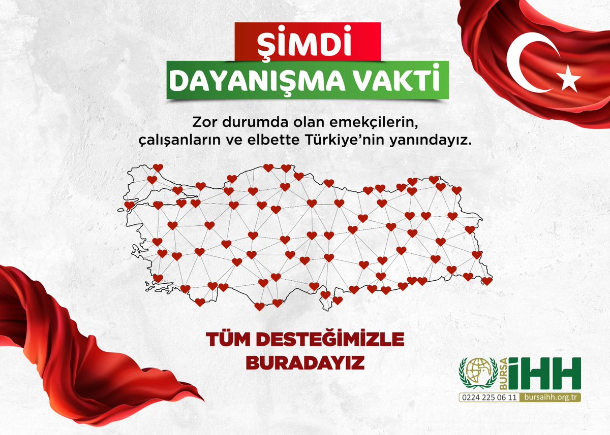🇹🇷 Şimdi Dayanışma Vakti

Zor durumda olan emekçilerin, çalışanların ve Türkiye'nin yanındayız.
Sen de destek ol!
Hesap Numaralarımız
Hesap Adı: İHH İnsani Yardım Vakfı Bursa Şubesi
Ziraat Bankası: TR77 0001 0000 6002 1249 9453 54
Albaraka Türk: TR06 0020 3000 0028 7839 0777 89