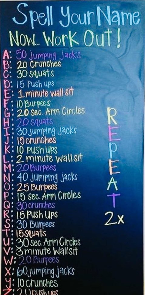 SibfordSport's tweet image. Can you spell your name by completing the workouts shown for each letter? Do this once, have a 2 minute rest and repeat! #Easterworkout #Eatlesschocolate