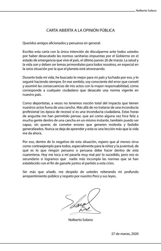 jsolari17's tweet photo. #SOLANO | Luego del criticable suceso de no respetar la cuarentena y aislamiento social, el ex jugador y asistente técnico de la Selección Peruana Nolberto Solano, se mostró arrepentido por lo sucedido. 
Adjunto: Carta a la Opinión Pública de Nolberto Solano https://t.co/Keid1cObSf