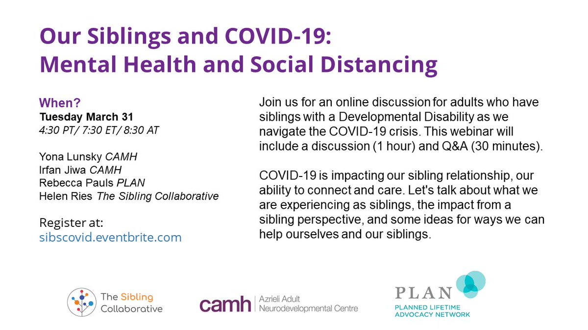 Do you have a loved one with a developmental disability and need help navigating #COVID19 discussions?

Join this online discussion Tues March 31 at 7:30PM EST with <a href="/CAMHnews/">CAMH</a> &amp; <a href="/plannedlifetime/">Planned Lifetime Advocacy Network (PLAN)</a> 

👇

bit.ly/3dzxHDB