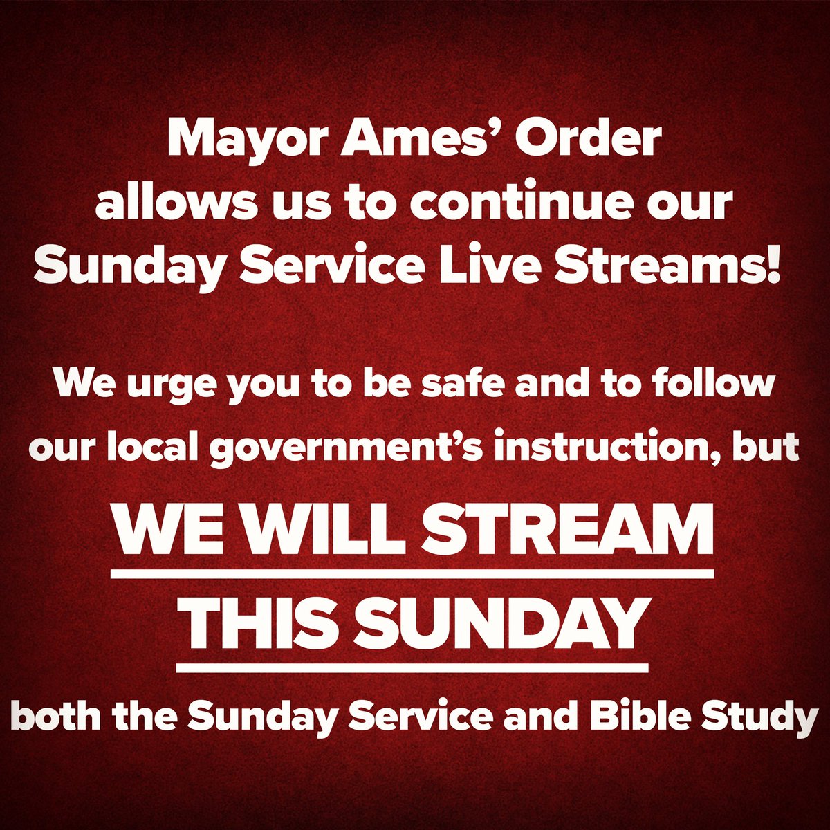 calvarytx's tweet photo. We are closing our office for the time being and staying home, in compliance with Mayor Ames’ stay-at-home order, and urge you to do the same. The order does still allow us to meet with a limited crew for the Sunday morning live streams, so make sure to join us Sunday. https://t.co/Y4bEIMPV69