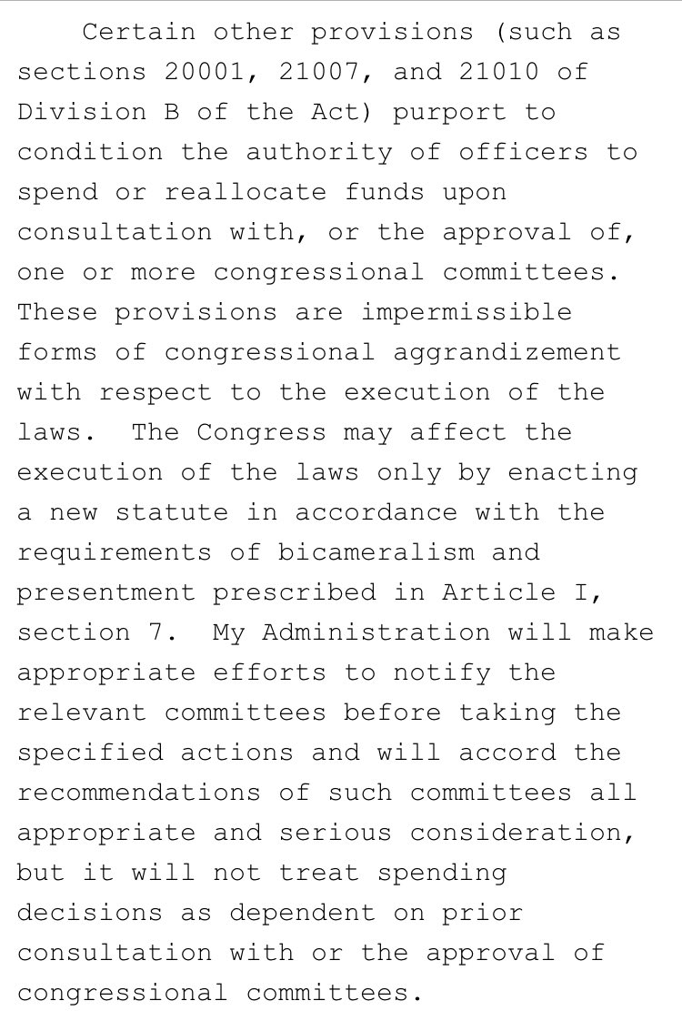 Signing statement also says Trump will ignore requirements that congressional committees be consulted before reallocating funds.